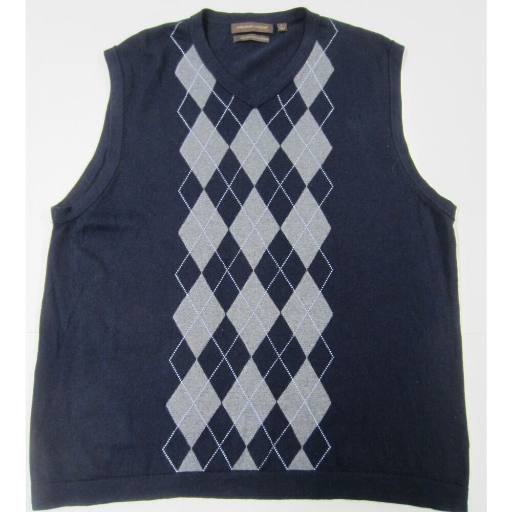 Sebastian Cooper Navy Gray Argyle Silk & Cashmere V-Neck Pullover Vest L 46"